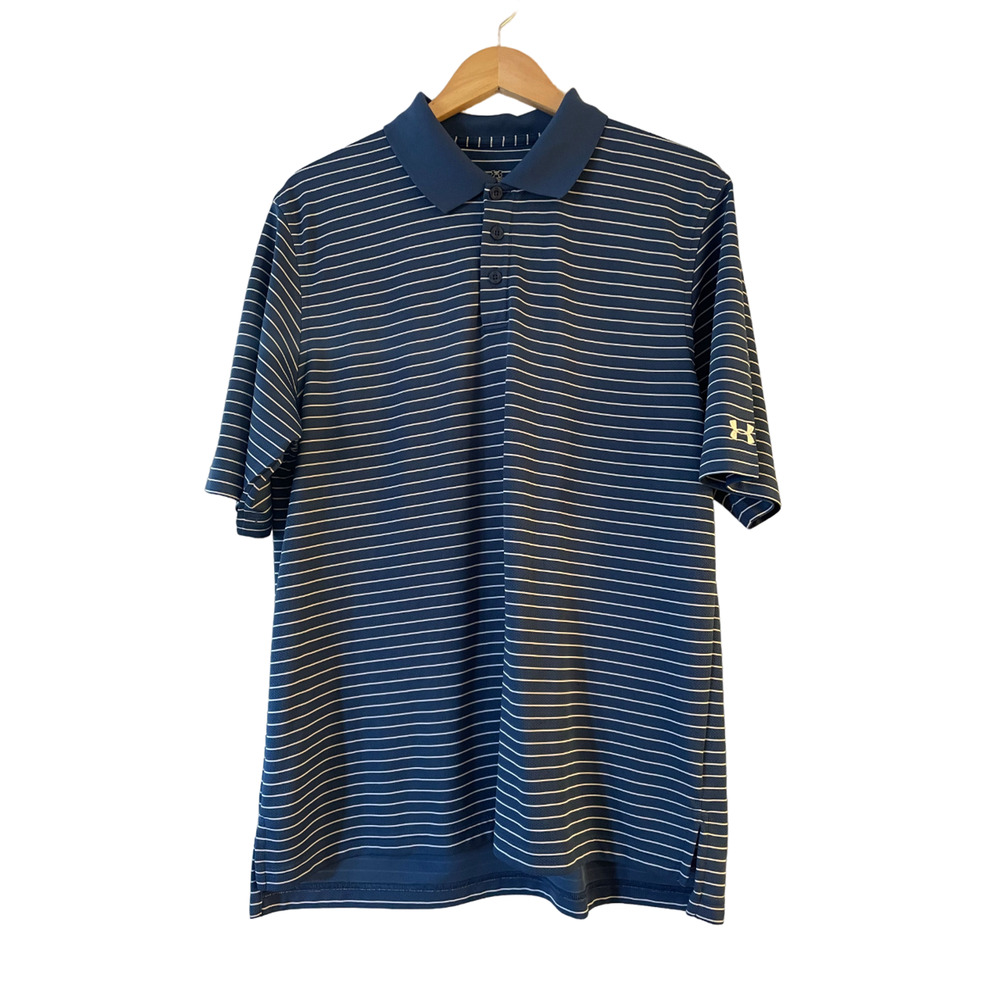 Under Armour Mens LG Polo Shirt Navy Blue Striped Four Seasons Las Colinas Golf